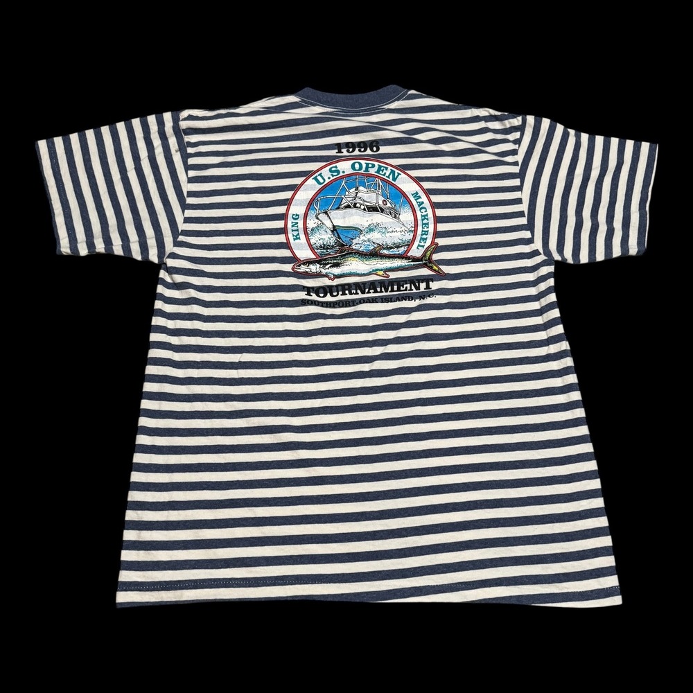 Vintage 1996 US Open King Mackerel Tournament Striped Shirt Men's XL FLAWS‎